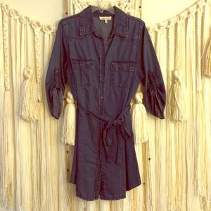 3/4 sleeve denim dress w/ waist tie